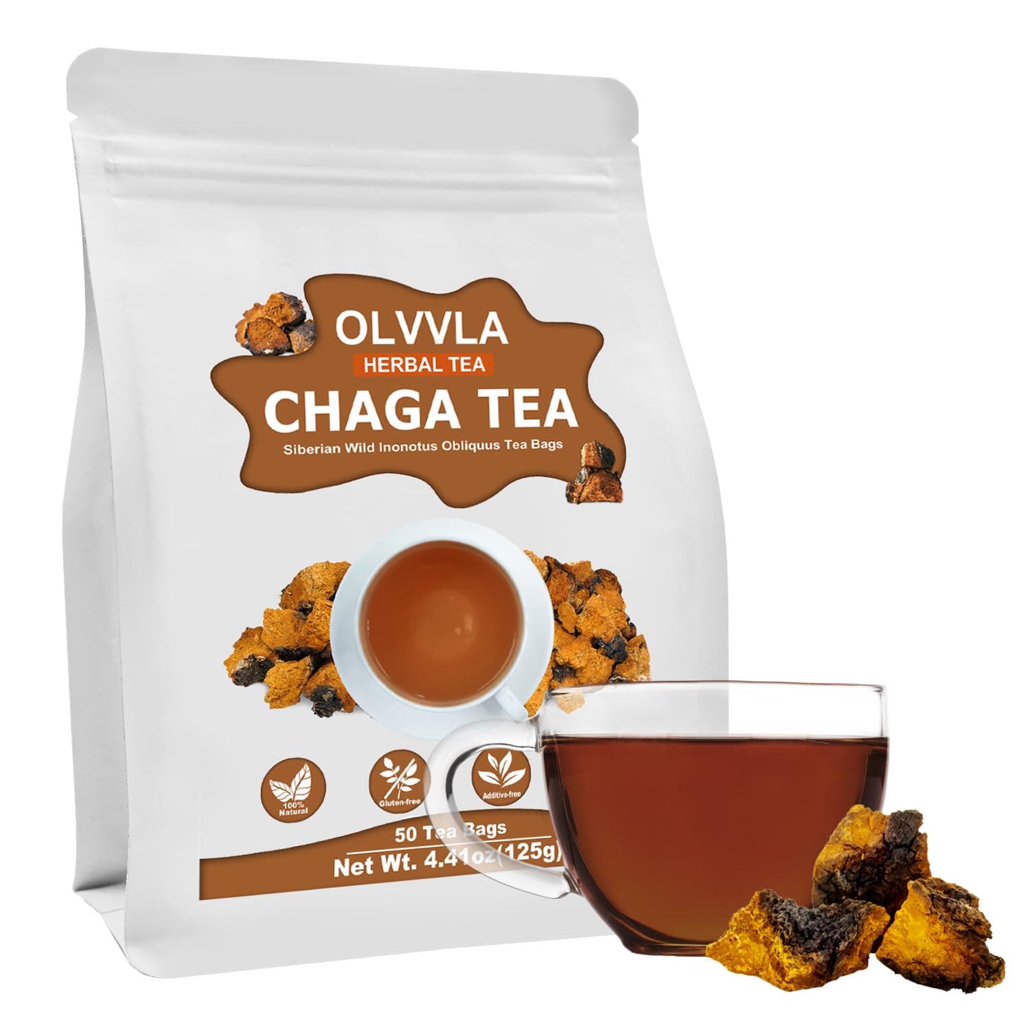 Olvvla - Chaga Tea Bags - 2.5g X 50 Count - Wild Chaga Mushroom Herbal Tea - Sourced from Siberia - Caffeine Free - Gluten-Free