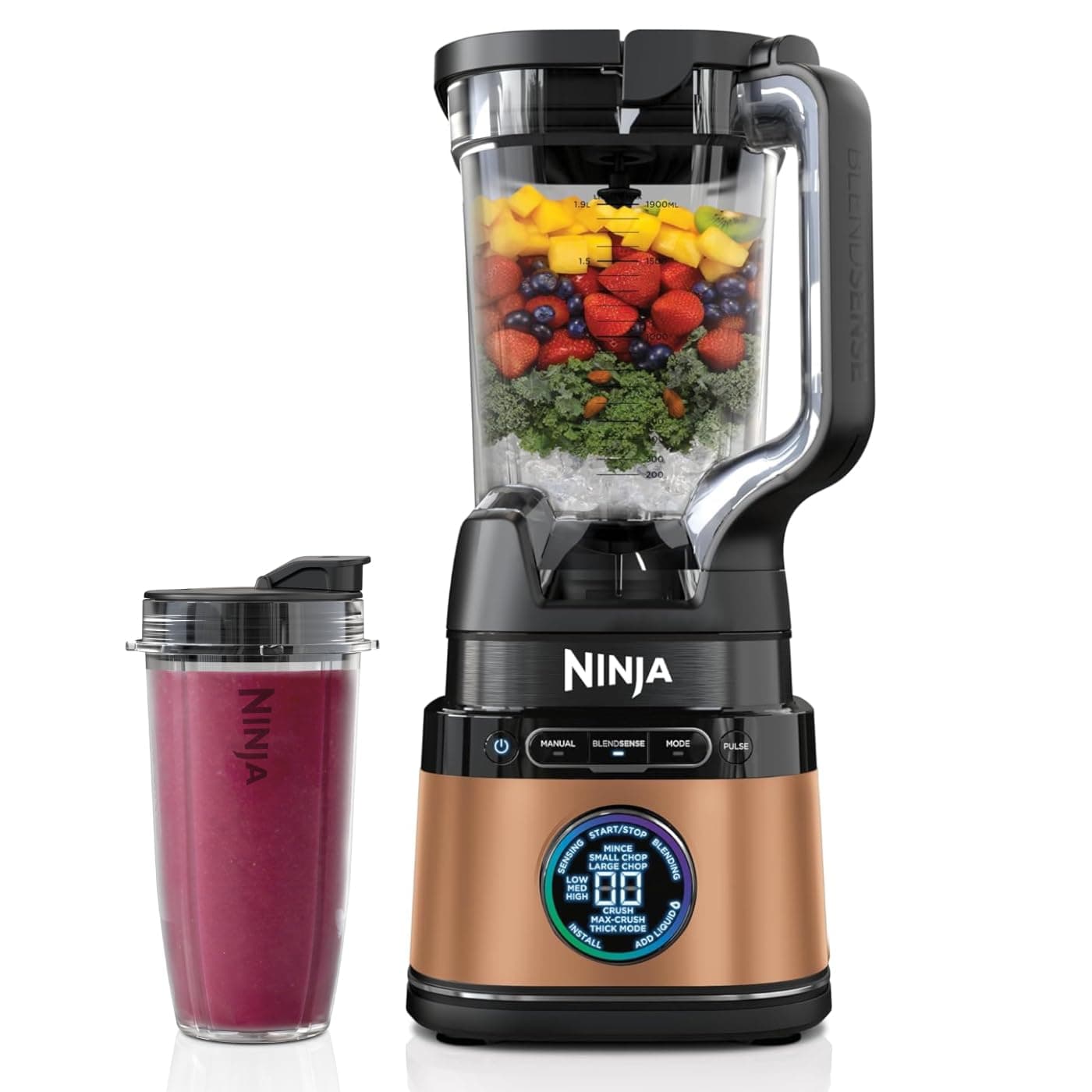 2-in-1 Detect Power Blender Pro & Single Serve, 1200W Blender With Jug, & Single Serve Cup, Blend Smoothies, Chop Vegetables & Mix Frozen Drinks, Black/Copper, TB301UKCP