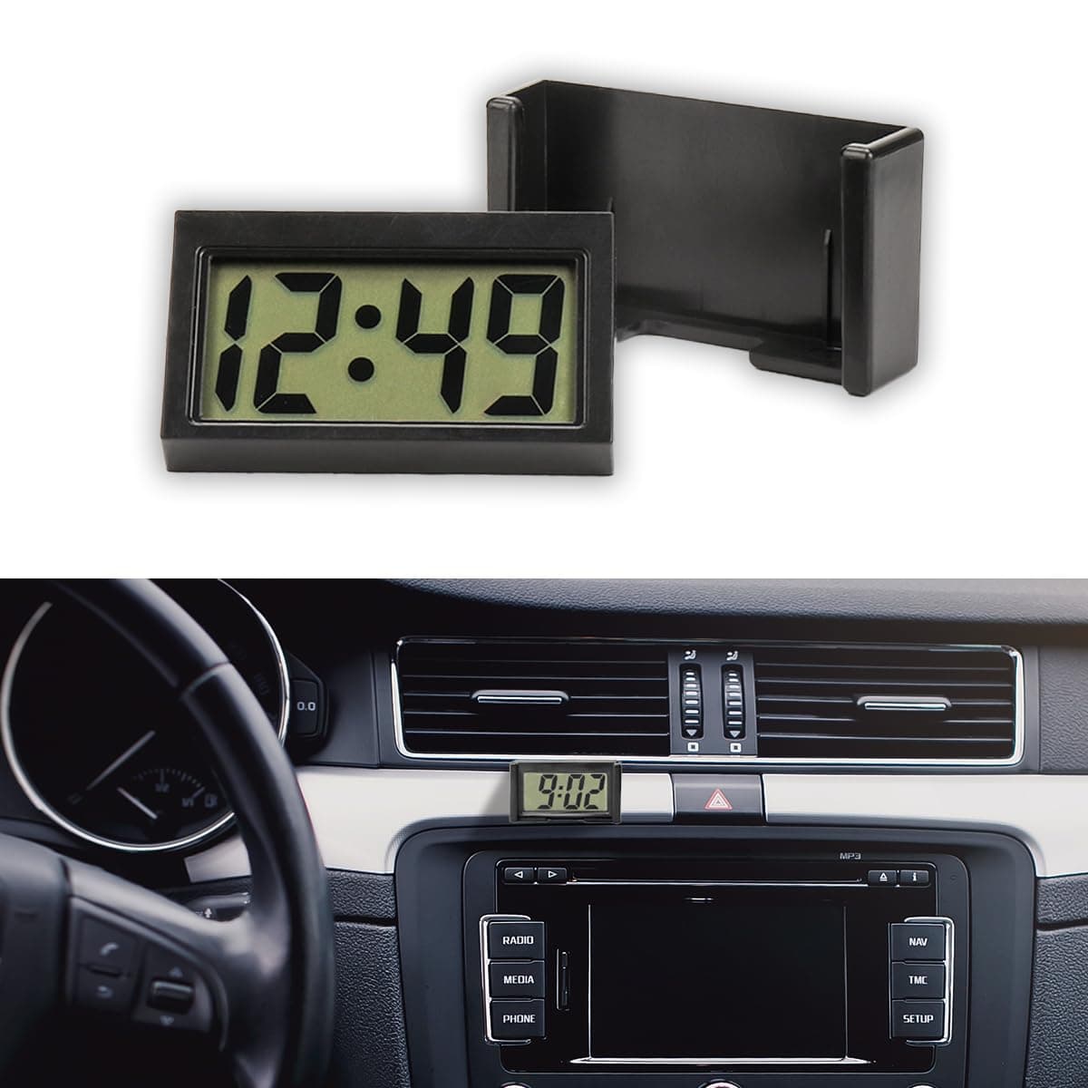 Small Electronic Dashboard Car Time Clock Self-Adhesive Mini Car Electronic Clock, Simple Car Accessories LCD Screen Home Digital Display Clock with Stand for Car, Office (Black)