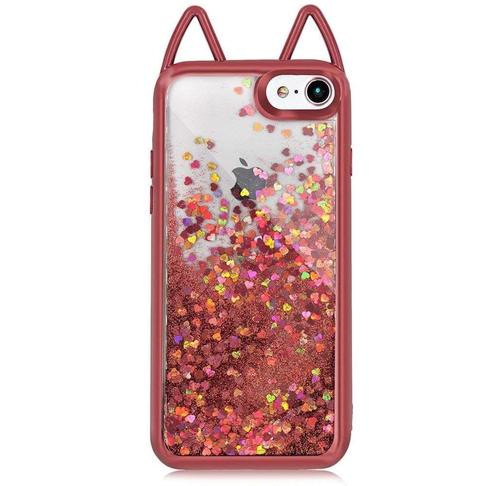 for iPhone 7 Case, for iPhone 8 Case, Yousorld 3D Sparkle Shiny Cat Ears Bling Glitter Soft Silicone Case with Liquid Love Heart Floating Soft Plating Transparent TPU Design (Rose Gold)
