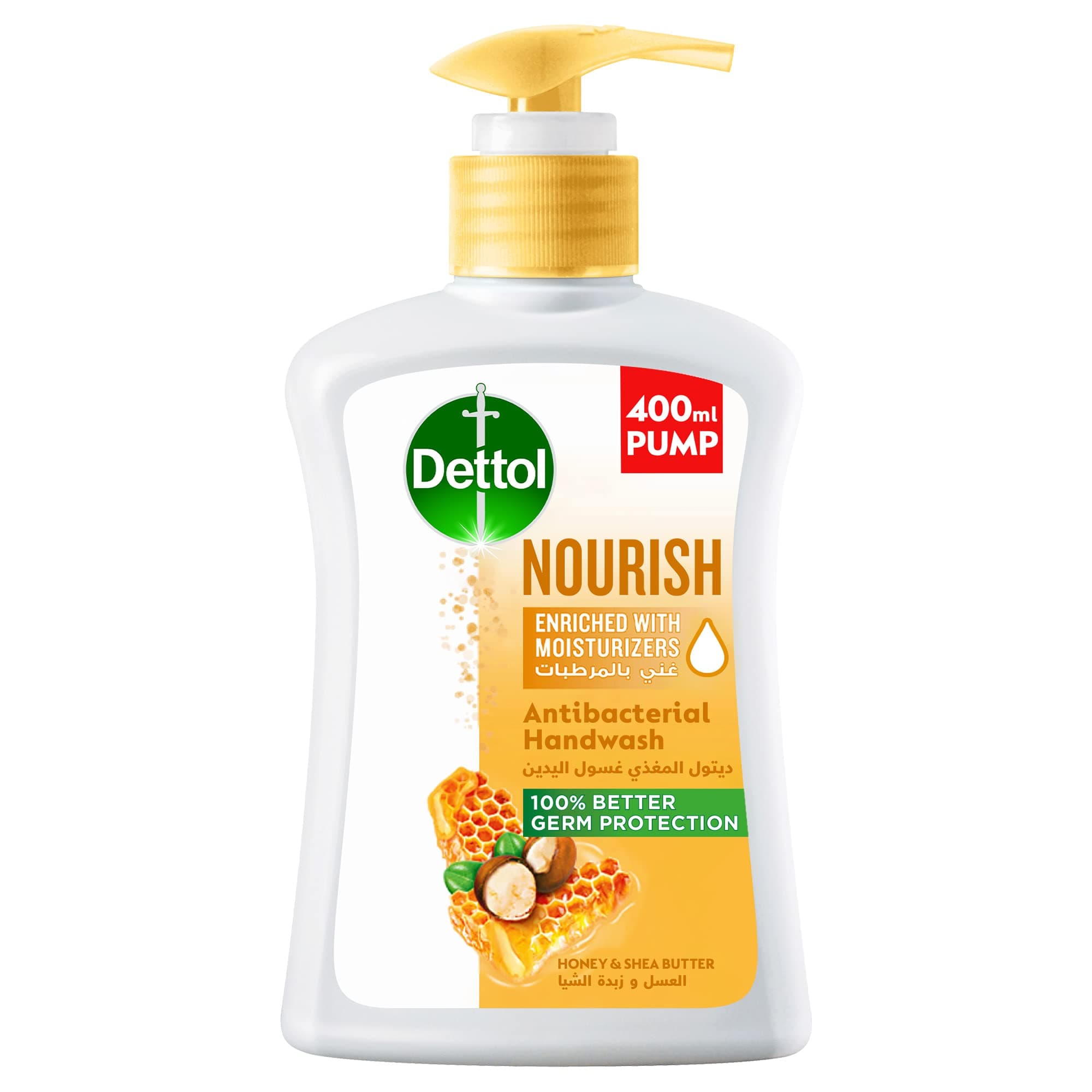 Dettol Handwash Liquid Soap Nourish Pump for Effective Germ Protection & Personal Hygiene, Protects Against 100 Illness Causing Germs, Honey & Shea Butter, 400ml