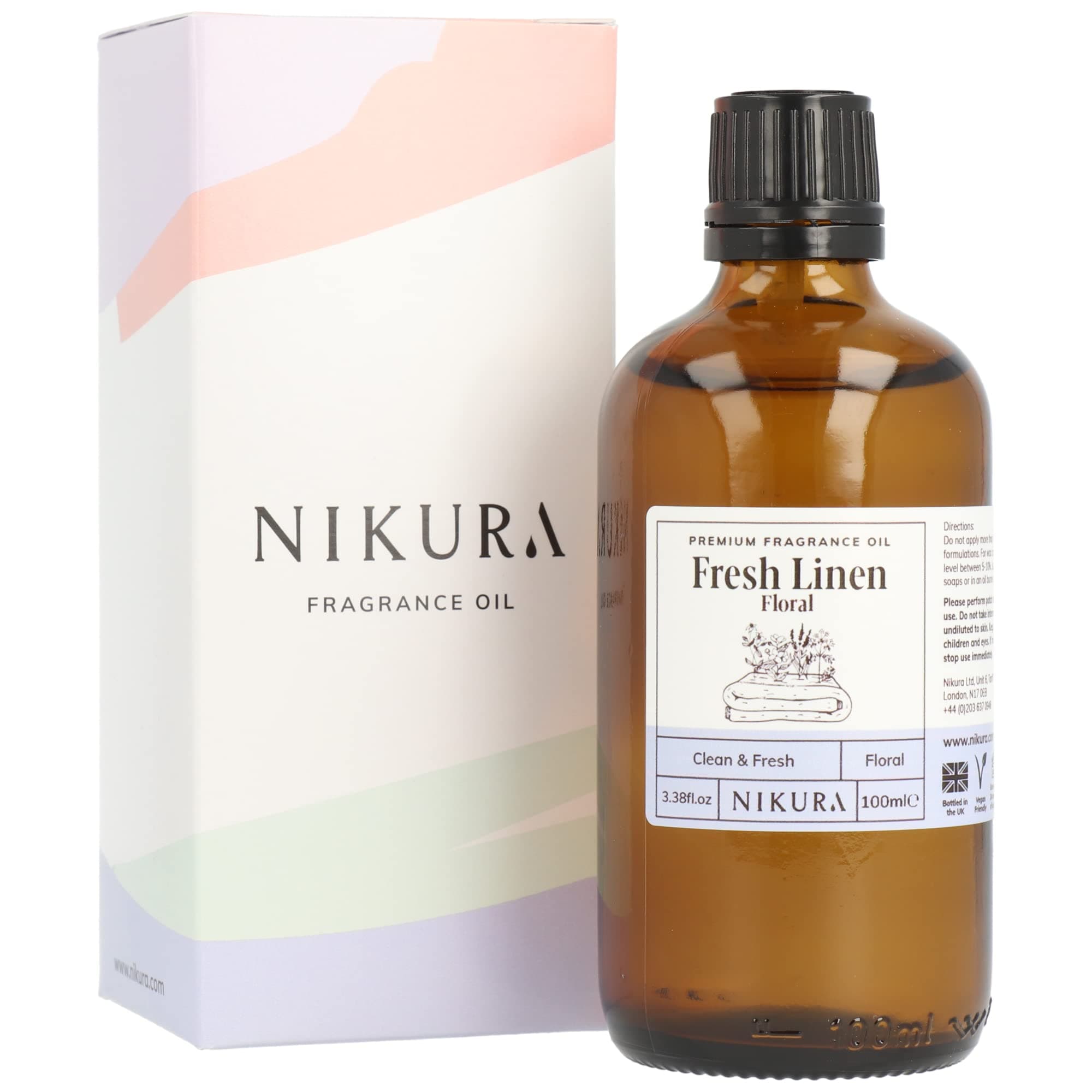Nikura - Fresh Linen (Floral) Fragrance Oil - 100ml | Perfect for Diffuser for Home, Soap Making, Candle Making, Wax Melts | Bath Bombs, Pot Pourri Refresher Oil, Perfume Scents, Burner Oil | UK Made