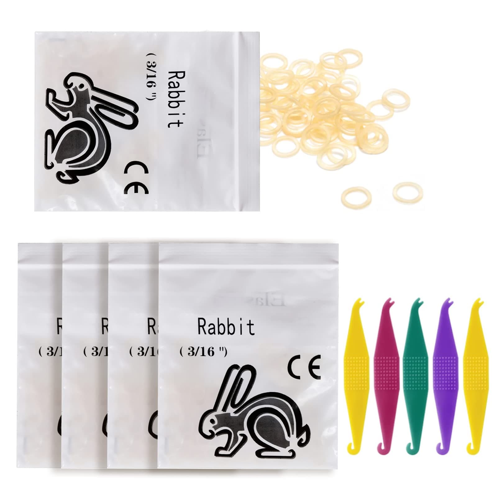 Orthodontic Elastic Rubber Bands and Placers, 500 Pcs Dental Rubber Traction Bands, 5 Pcs Elastic Placer for Braces (3/16",Rabbit)