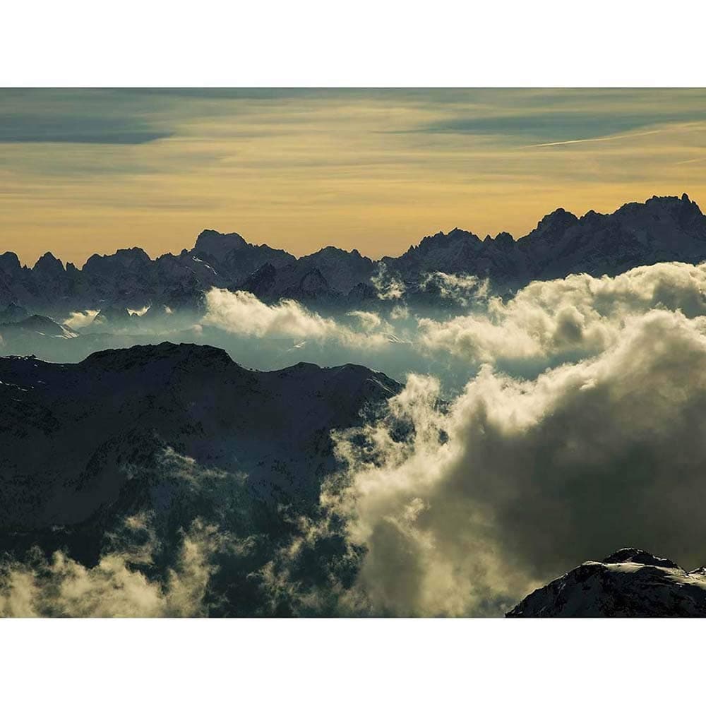 Mountain Top Clouds Mist Fog Blue Yellow Art Print Poster Wall Decor 12X16 Inch