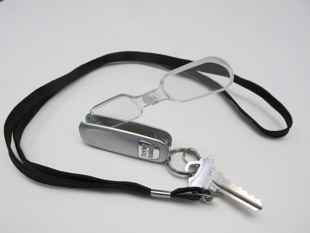 Two Black One Silver +2.0 Keyring Readers Classic Lorgnette Stylish Reading Glasses w/Complimentary Lanyard Compact Mini Magnifier for Keyring Chain or Hang in Kitchen, Bathroom, Workshop Unisex Men Women Ideal On-the-Spot Reading Solution
