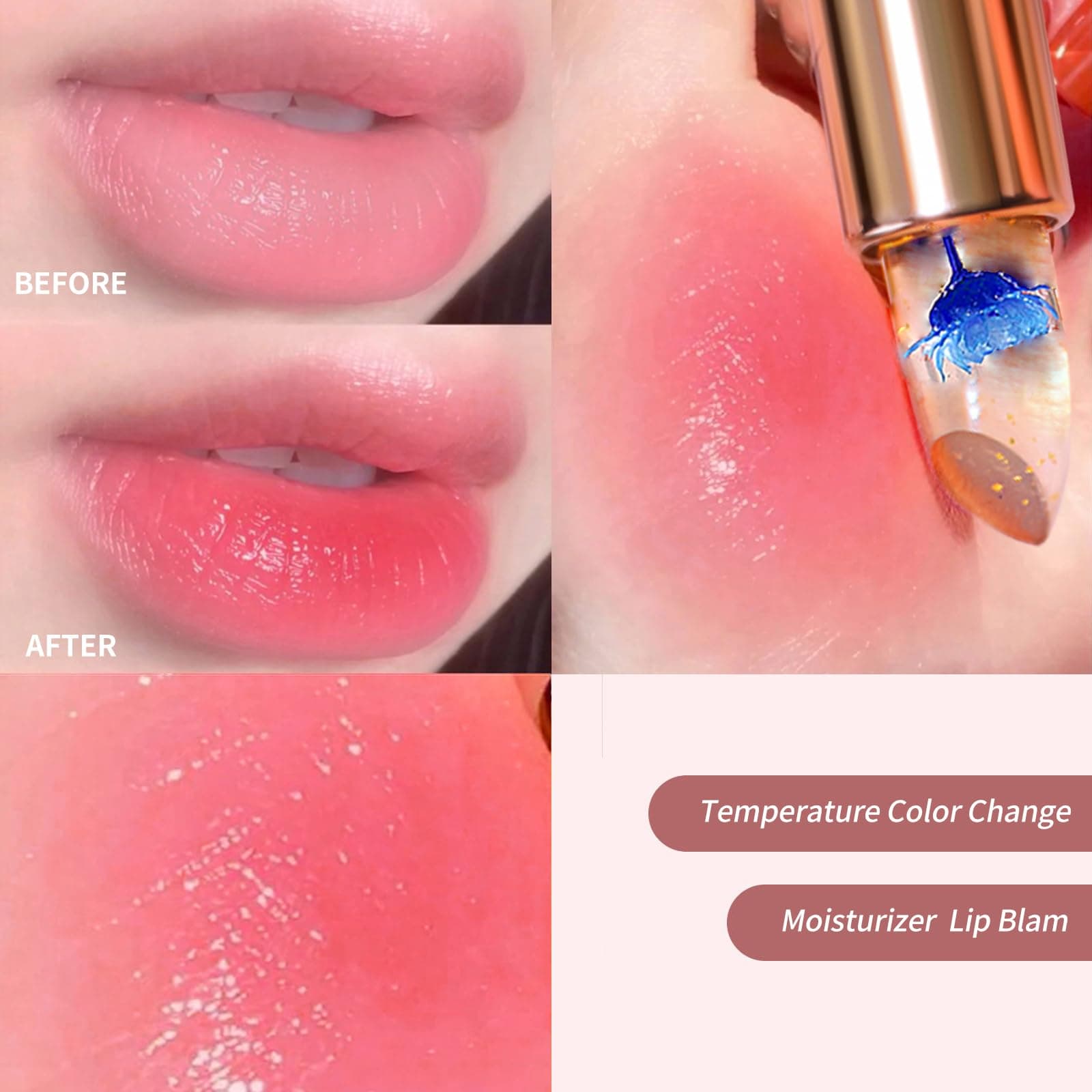 BLUE LOVE Color Changing Flower Lipstick, Jelly Temperature Change Clear Lipstick with Flower Inside, Hydrating Moistrurizer Lip Balm Long Lasting Chapstick Nourishing Lip Gloss for Dry Lips (Golden)