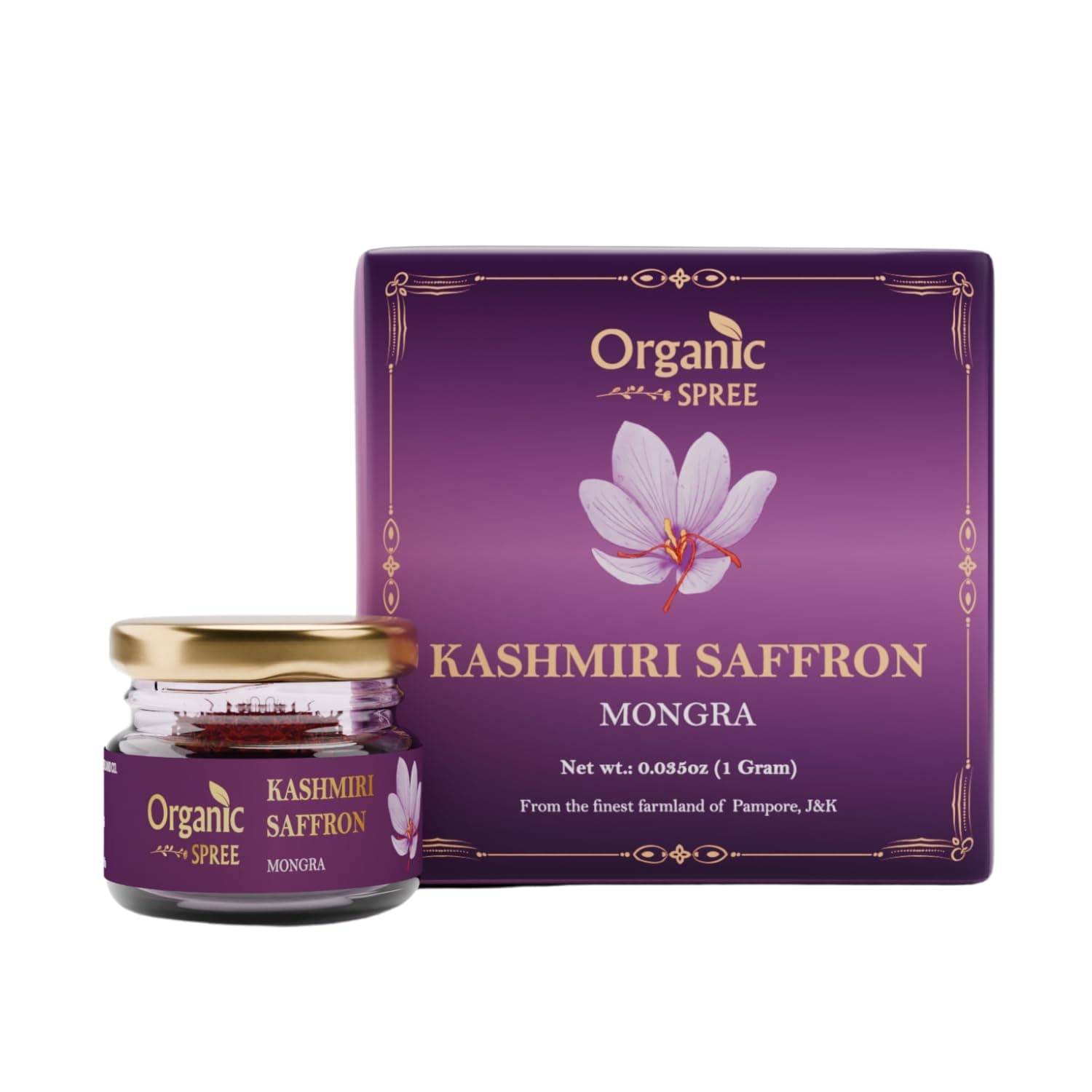 Organic Spree Kashmiri Saffron Kesar 1gm (0.035oz) Threads Pure and Natural l From the finest farmlands of Pampore, J&K l Certified Grade A+ Mongra Saffron (1)