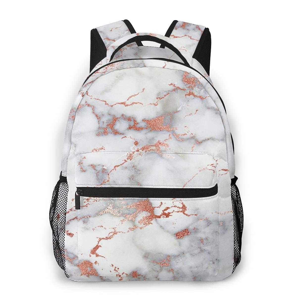 Rose Gold Marble White Backpck, Large Capacity Shoulder Bag Travel and Sport Backpack Rucksack, College School Bookbag Casual Daypack Climbing Shoulder Bag Laptop Backpack