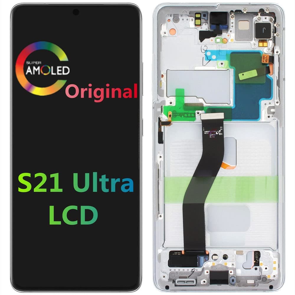 6.8 inch Original AMOLED LCD for Samsung Galaxy S21 Ultra LCD G998A G998F G998F/DS G998U G998U1 G998V S21 Ultra 5G Display Touch Screen Assembly Replacement (with Silver Frame + Silver Back Cover)