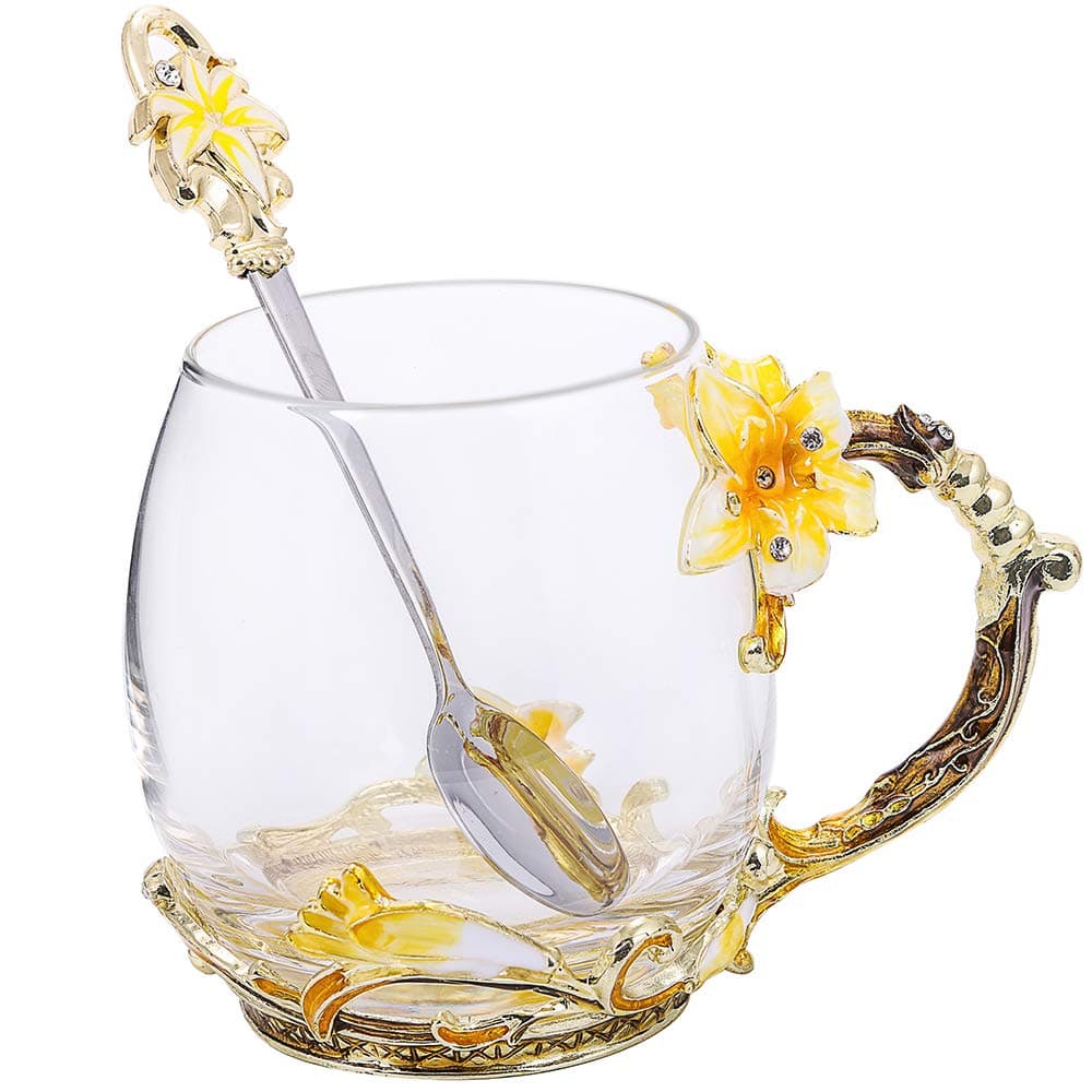 SEMAXE Handmade Glass Cup with Spoon Set and Cloisonne Handle,can be used as Teacup, Coffee Mug, Drinking Cup and Mother's Day, Christmas, Wedding Anniversary, Birthday Gifts (Lily)