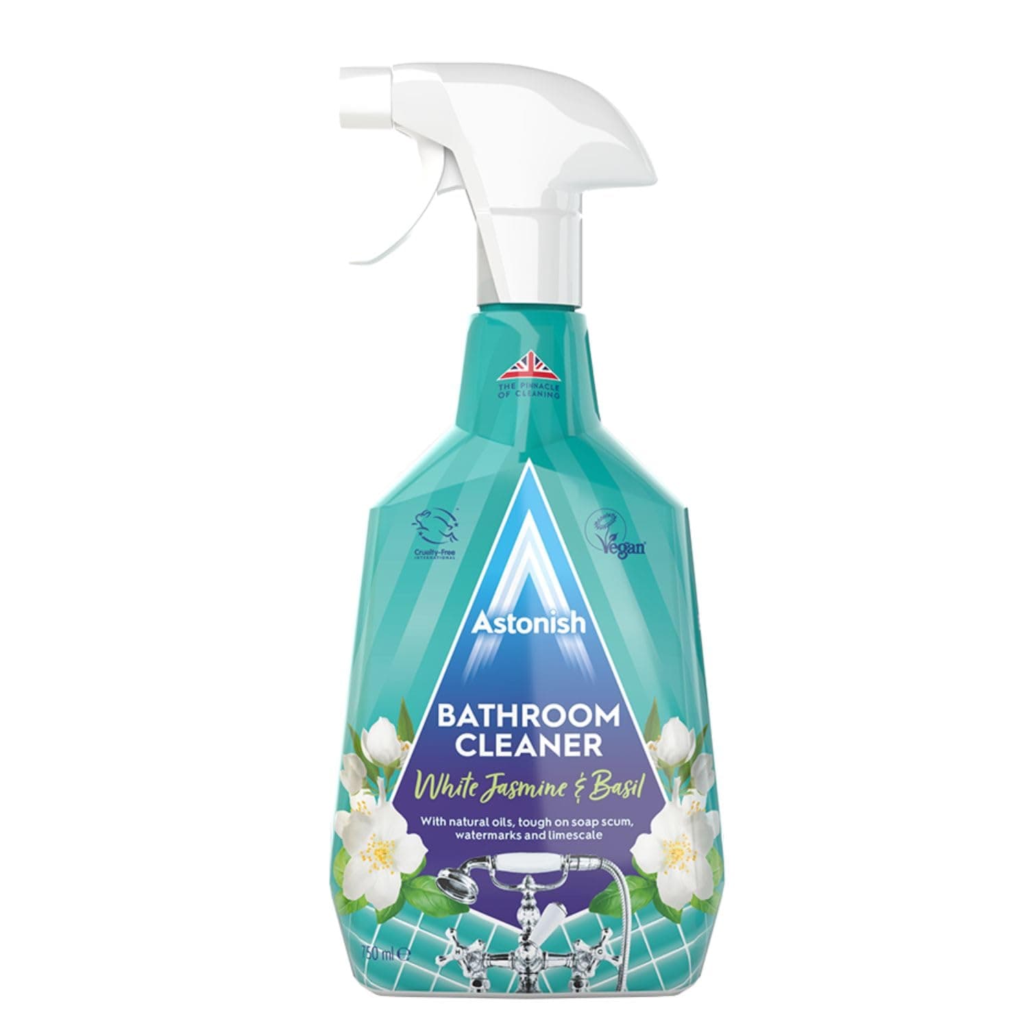 Astonish Bathroom Cleaner White Jasmine & Basil, Tough on Soap Scum Watermarks and Limescale, Streak Free Shine, With Natural Oils, Vegan and Cruelty Free Spray, 750ml