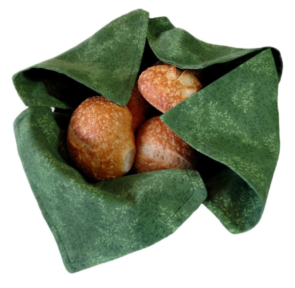 Basket Liner and Warmer for Hot Rolls and Bread in Green with Green Leaves