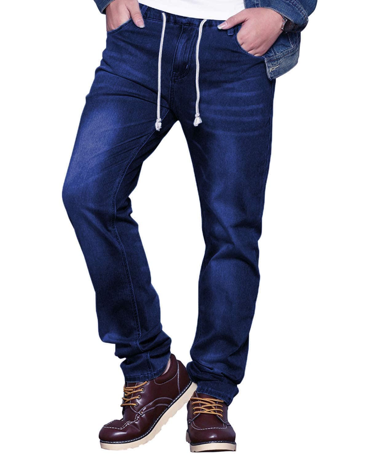 Men's Comfy Stretch Drawstring Elastic Waist Regular Fit Denim Jeans Pants Light Blue