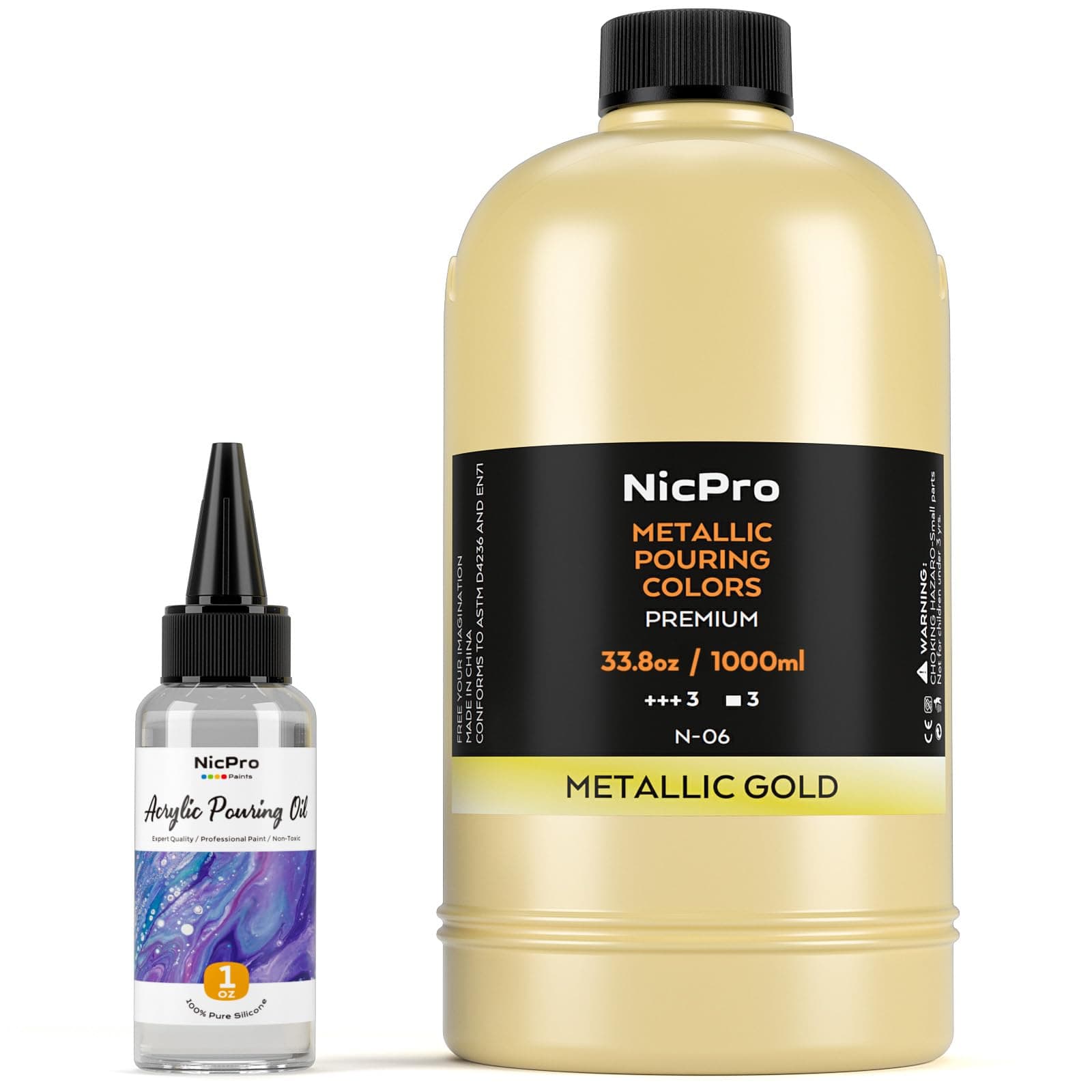 Nicpro Gold Metallic Acrylic Pour Paint, 33.8 Ounce Pre-Mixed Pouring Paint Supplies with Silicone Pour Oil & Gloves for Canvas, Rock, Wood Cell Creation Flow DIY Art Painting, Ready to Pour