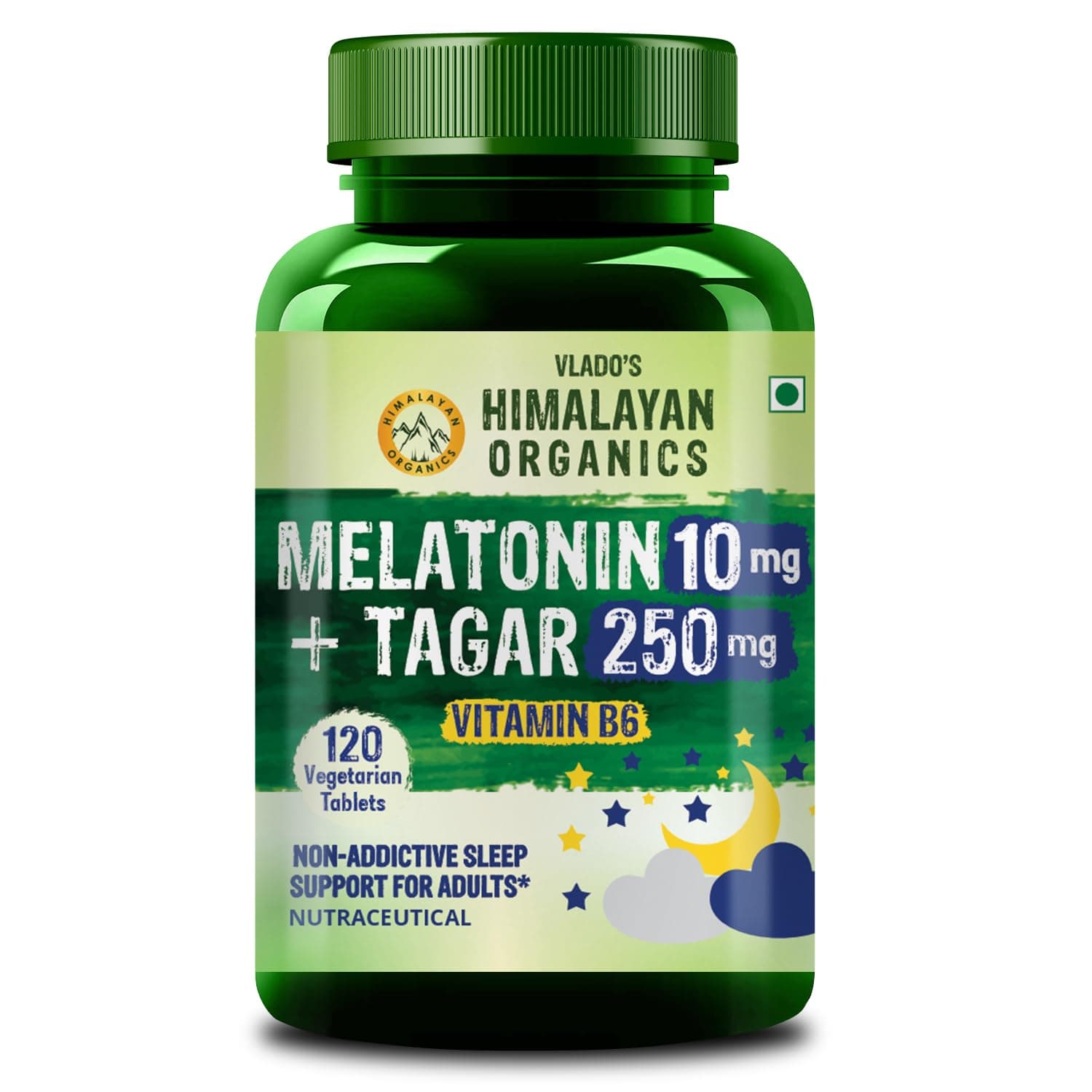 Vlado's Himalayan Organics Melatonin 10Mg Sleep Tablets- Sleeping Pills with with 250mg Tagar & Vitamin B6 for Deep Sleep Restful Nights, and Effective Sleep Dose | for Women & Men | Non-Habit Forming, Restful Sleep - 120 Tablets