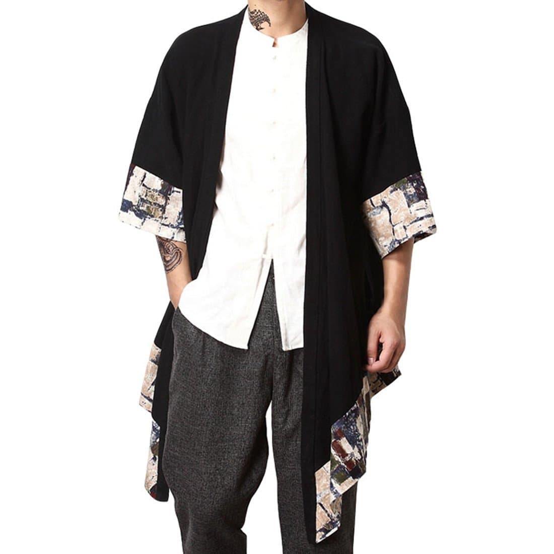 HZCX FASHION Men's Cotton Linen Long Kimono Jackets Open Front Cardigan Cloak