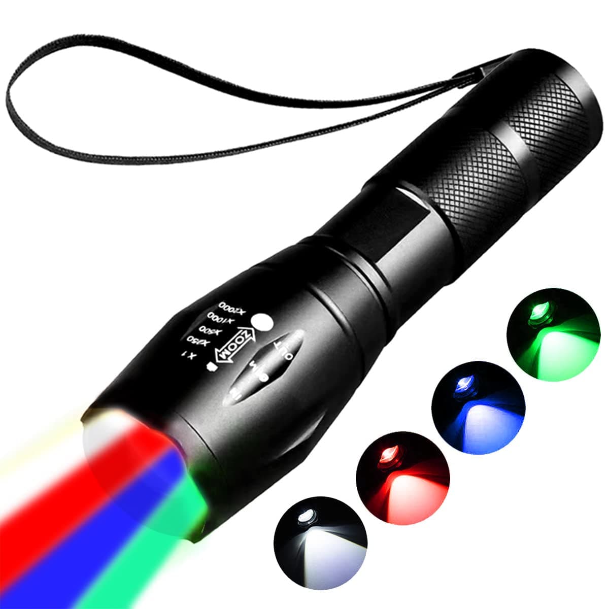 Red Flashlight, 4-in-1 Rechargeable LED Flashlight, White, Red, Blue, Green Lights, 4 Modes, 350 Lumen, Aluminum, 7 Hour Runtime