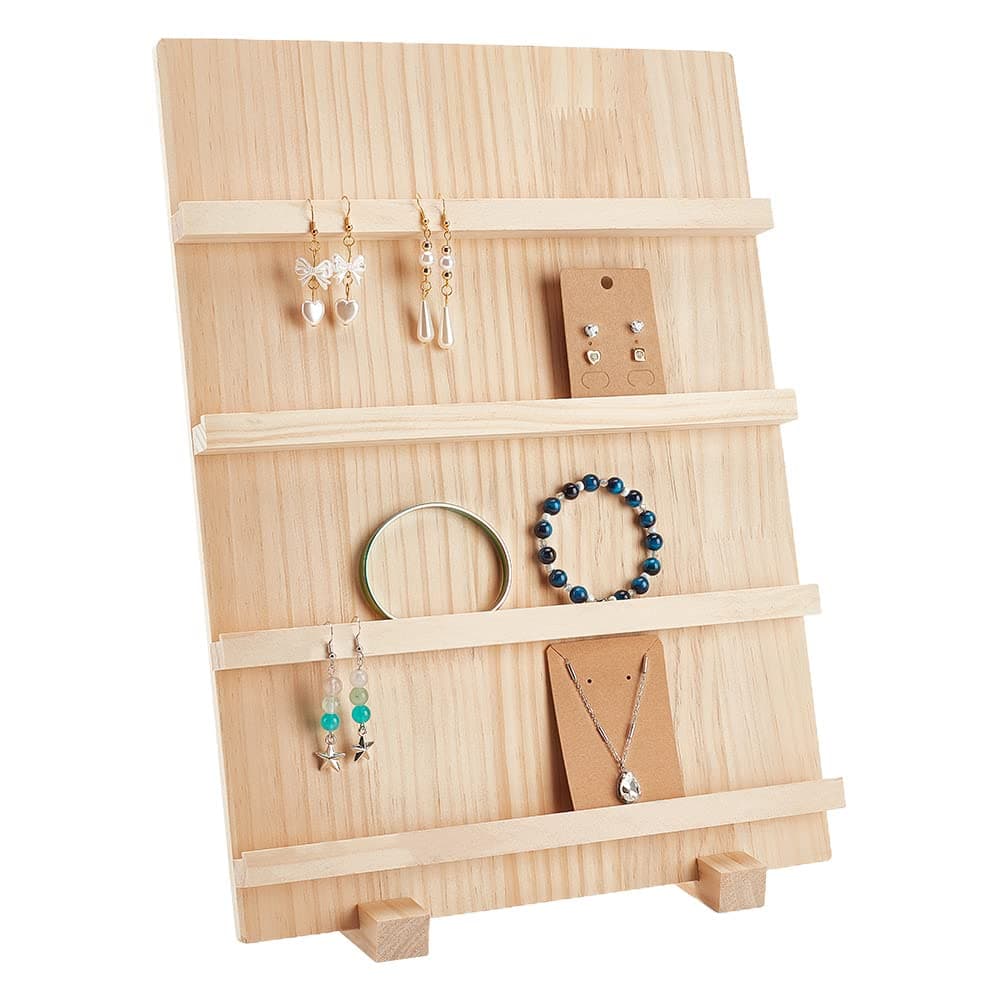 PH PandaHall 4-Tier Wooden Earring Display Stand Jewellery Display Holder Wood Earring Card Holder Tiered Craft Fair Displays for Selling Market Retail Showing Exhibition Storage