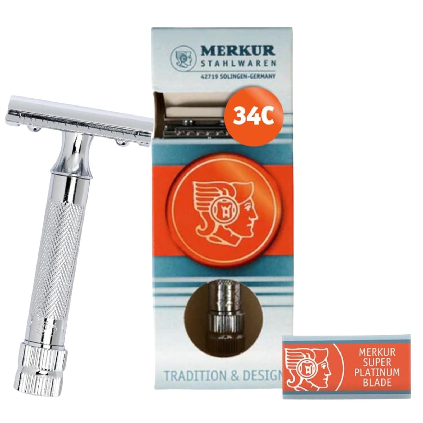 MERKUR 34C Razor (Official/Genuine), Made in Germany, Double-edged, Short Handle, Closed Com, Bright Chrome