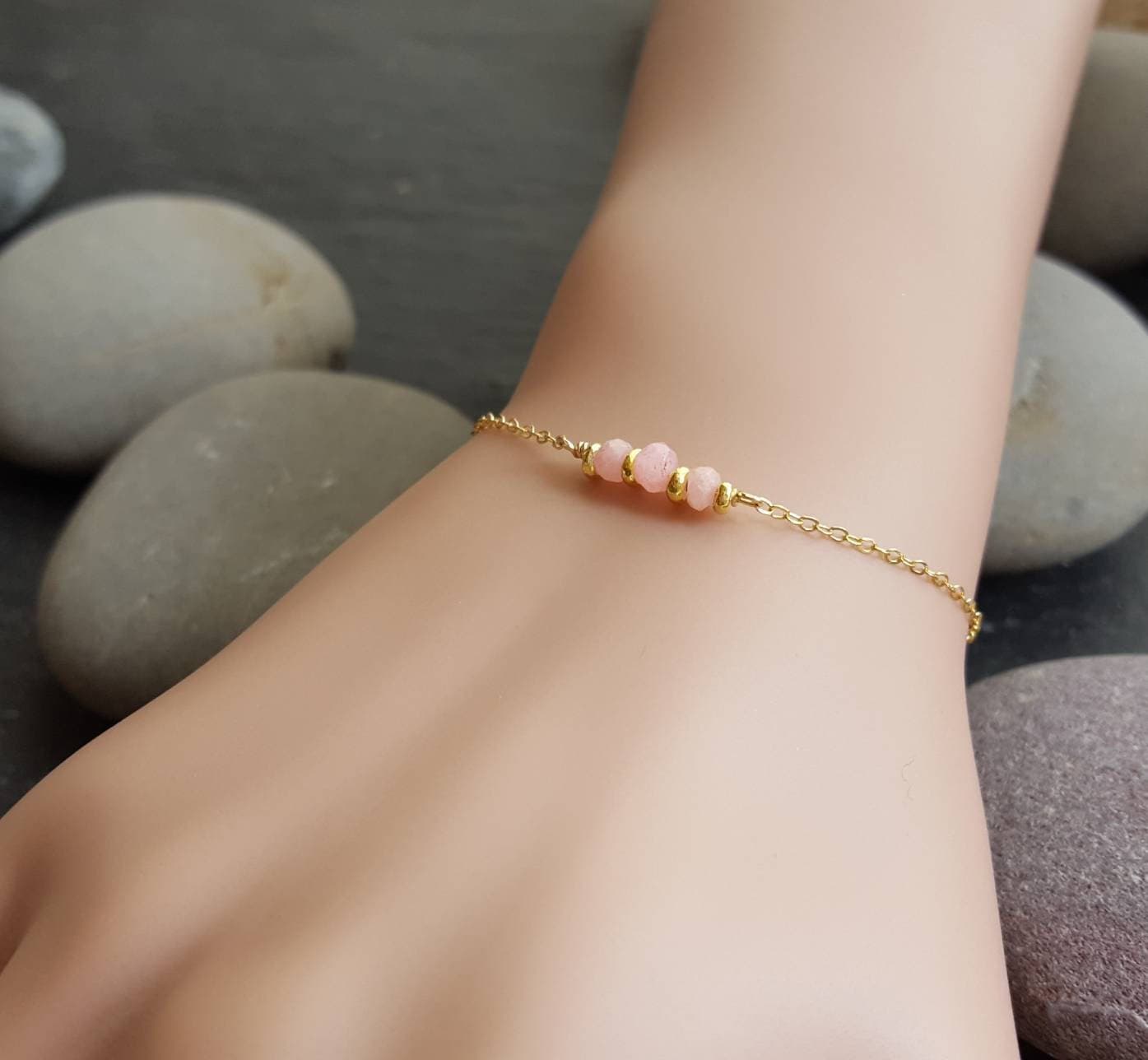 Gold filled chain gemstone bracelet with pink chalcedony.pink and gold chain minimal bracelet pink gem bracelet