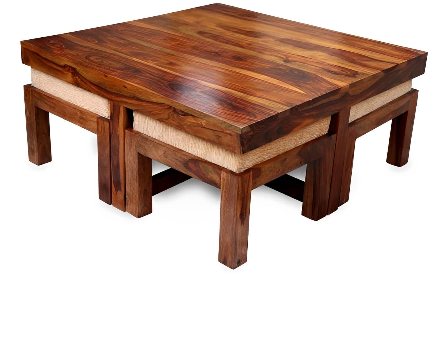 MV Furniture Solid Wood Coffee Table for Living Room | Wooden One Coffee Table with Four Stool | Colour Finish- Natural Finish | Cushion- Cream |