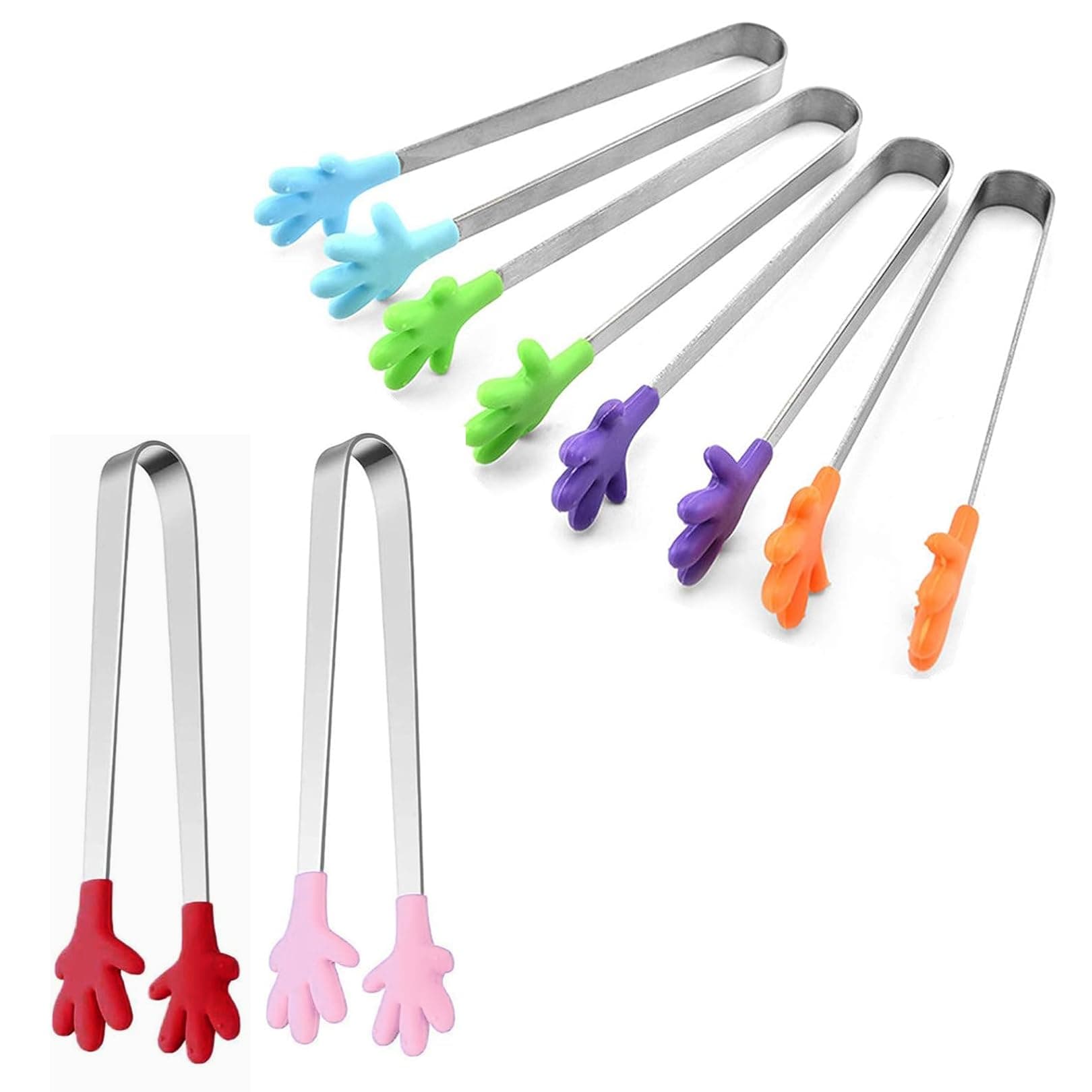 (6 Colors) Mini Hand Tongs,Sweet Tongsfor Pick Mix,Sugar Ice Tongs,Stainless Steel MiniTongs Food Tongs with Skid-Proof Hand Shape Silicone for Supermarket Sweet Candy Coffee Ice Bucket,Bar Kitchen