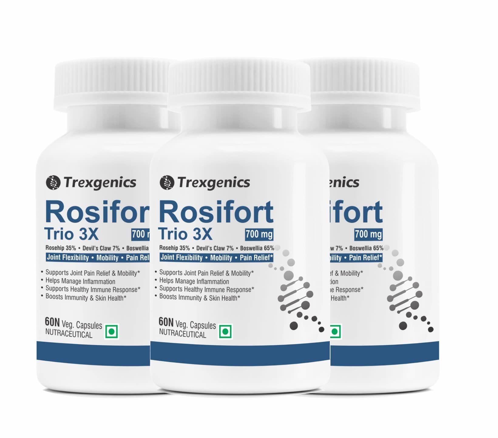 Trexgenics ROSIFORTE TRIO Rosehip, Boswellia, Devil's Claw 700 mg Joint Pain & Inflammation Support VEGAN & NON-GMO (60 Veg. Capsules) (Pack of 3)