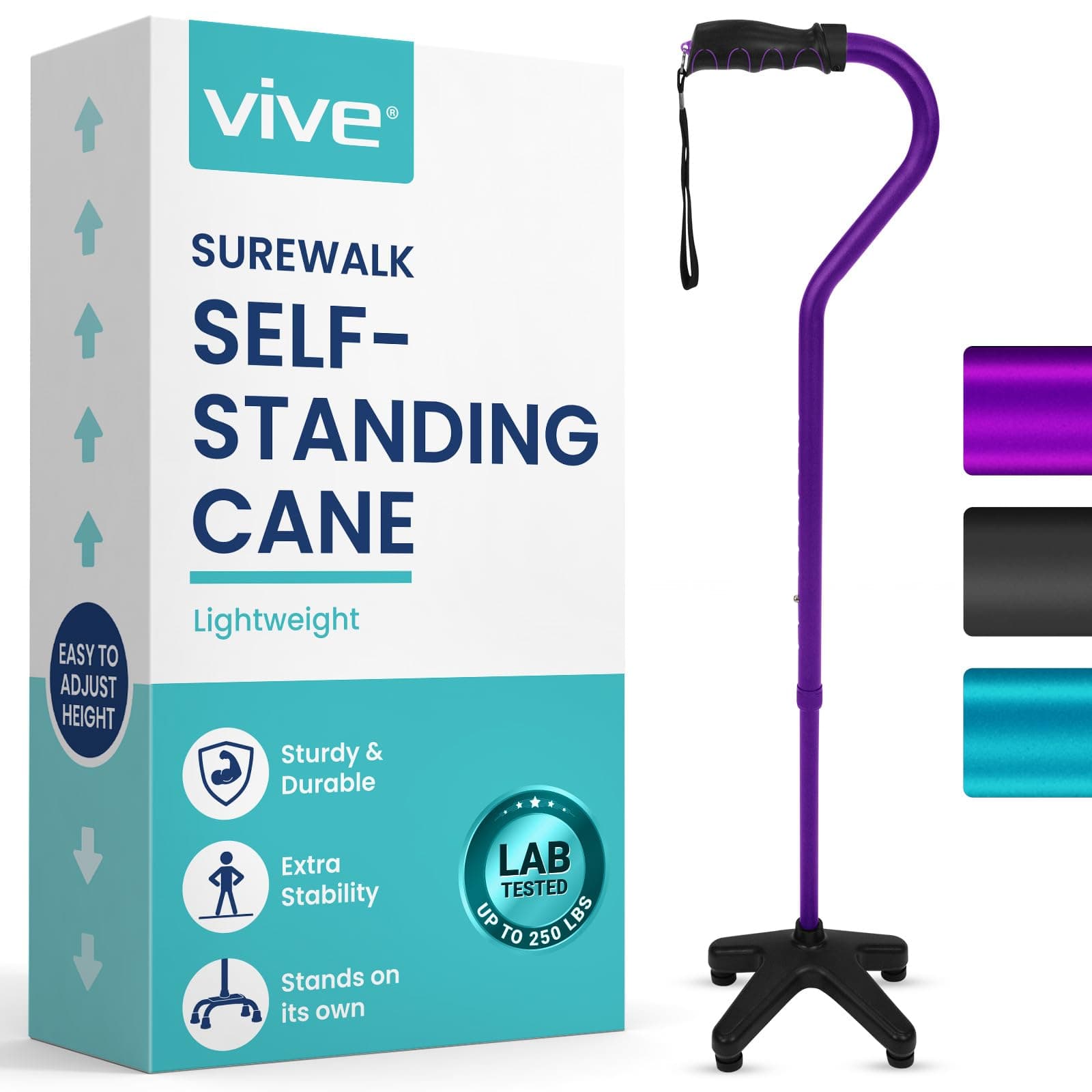 Vive Quad Cane (250 LB) - Adjustable Walking Cane with Large 4 Pronged Base for Extra Balance & Stability, Walking Stick for Seniors, Men,& Women - Patented Customizable Handle