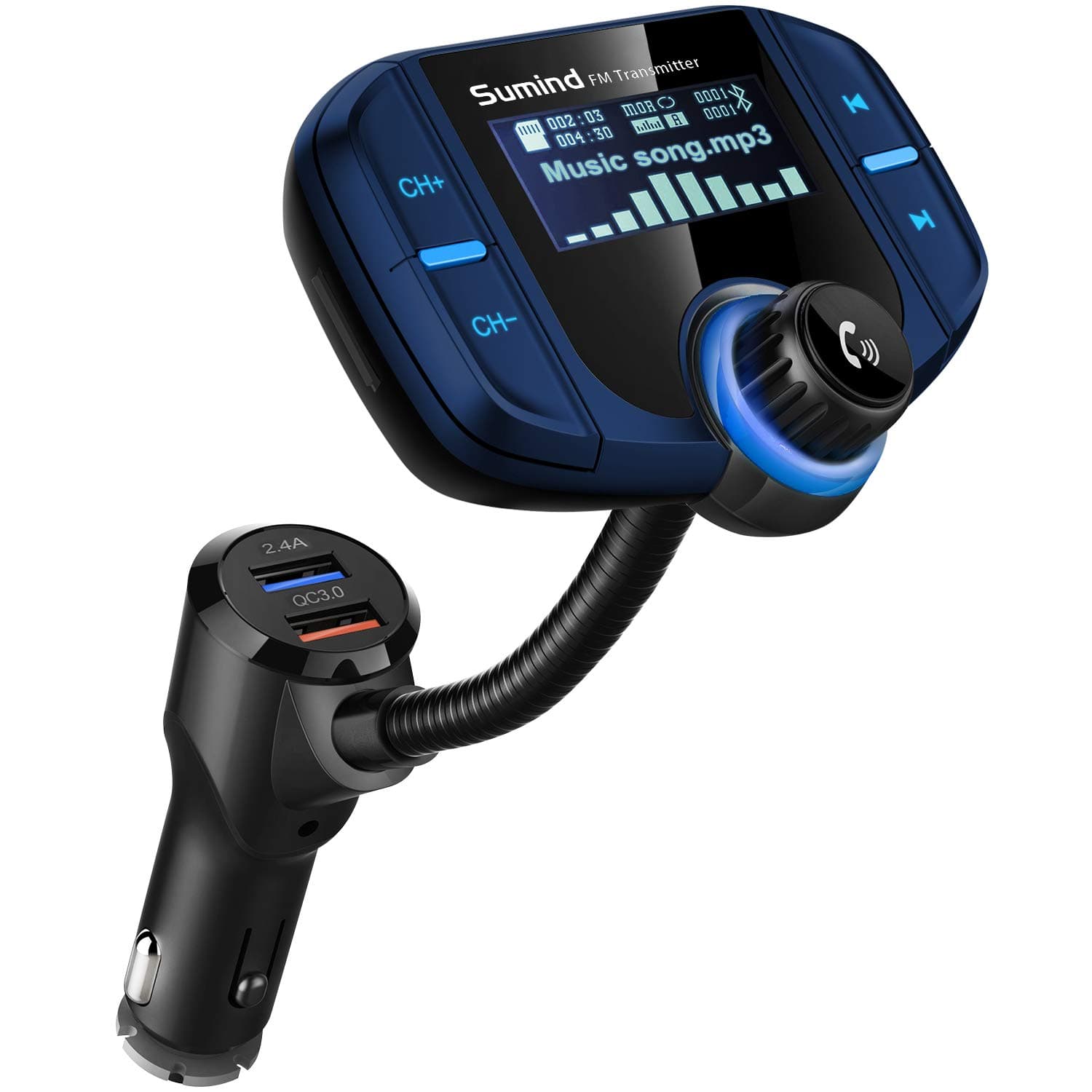 Sumind (Upgraded Version) Sumind Car Bluetooth FM Transmitter, Wireless Radio Adapter Hands-Free Kit with 1.7 Inch Display, QC3.0 and Smart 2.4A USB Ports, AUX Input/Output, TF Card Mp3 Player(Blue)