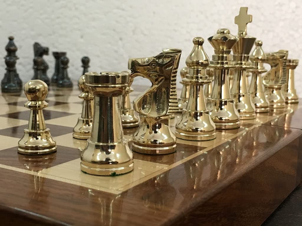 Brass Metal Staunton Chess Pieces/Coins Set with Folding Wooden Chess Board 14 inches 2 players (Non Magnetic)- Special Slots Storage Inside Board-Best for Gifting, Home Decor & Playing.