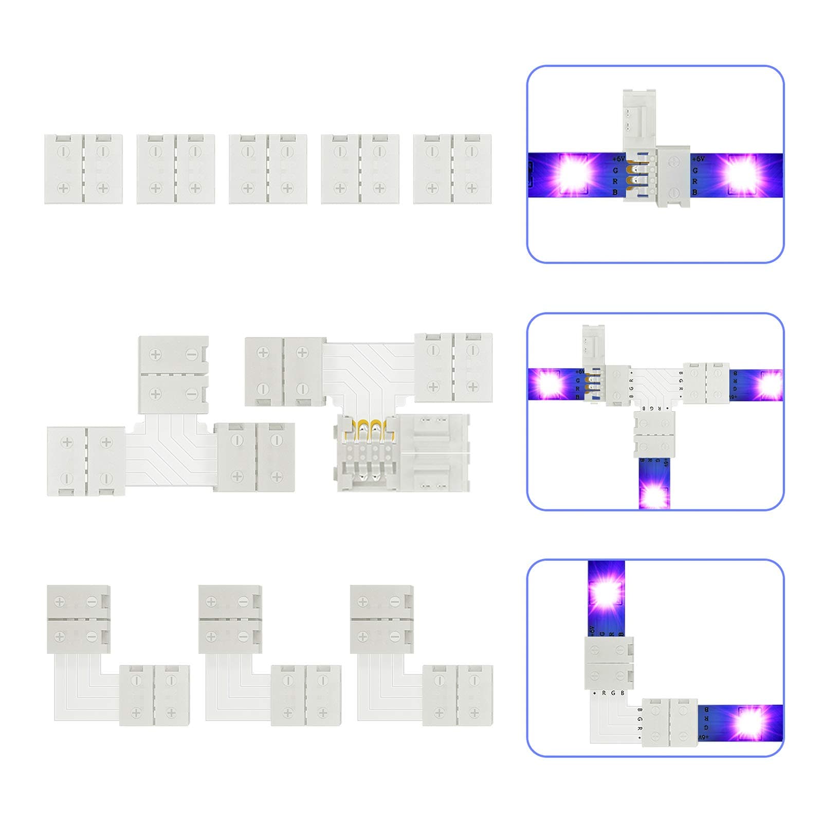 LED Strip Connector for 4-Pin RGB SMD 5050 LED Strip Accessories, 5X LED Strip Connectors, 3X Corner Connectors, 2X T-Shaped Connectors