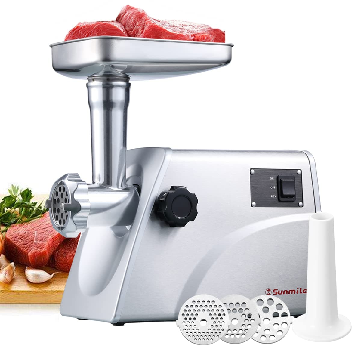 Sunmile -G33 Electric Meat Grinder - 1HP 800W Max Power - ETL Stainless Steel Meat Grinder Mincer Sausage Stuffer - Stainless Steel Blade and Plates, 1 Sausage Maker