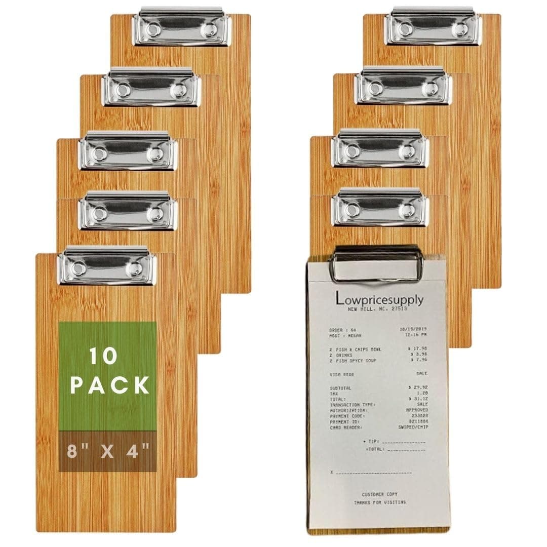 (10-Pack) Premium 8" x 4" Beige Natural Wood Menu Holders/Check Presenters with Clip for Cafes, Wooden Clip Board, Waitress Check Organizer, Server Note Pads, Guest Checks Restaurant