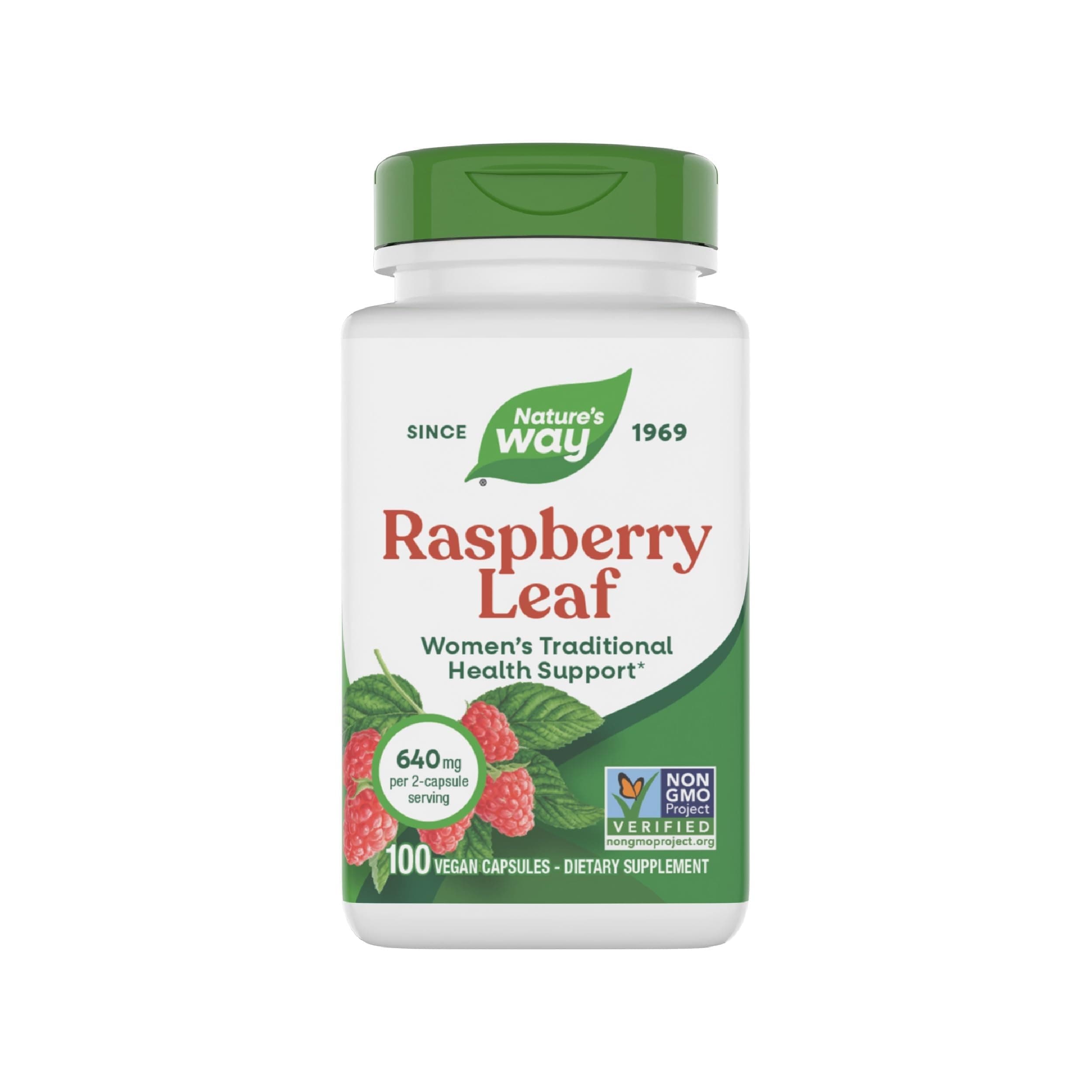 Nature's Way Raspberry Leaf, Traditional Support for Women's Health*, 640 mg per 2-Capsule Serving, Vegan, Non-GMO Project Verified, 100 Capsules (Packaging May Vary)