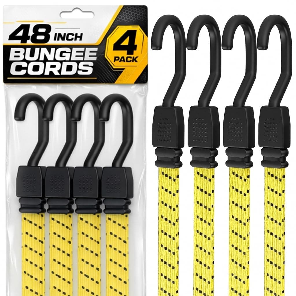 Long Bungee Cords with Hooks, Heavy Duty Bungee Cords, Dolly Straps, Elastic Tie Down Straps, Moving Rope, Rope with Hook, Soga Para Amarrar, Flat Rubber, Truck, Outdoor, 48 Inch, 4FT, 4 PK