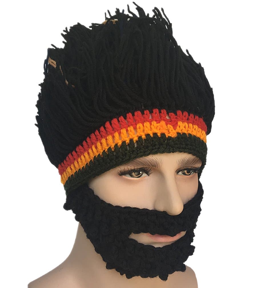 Kafeimali Barbarian Knit Bearded Hats Wig Mask Original Foldaway Funny Caps