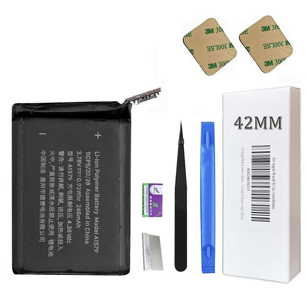 Original Battery Cell for Apple Watch Series 1 Replacement A1803 and (1st Generation) A1554, Full Repair Tool kit, Adhesive Strip (42mm)