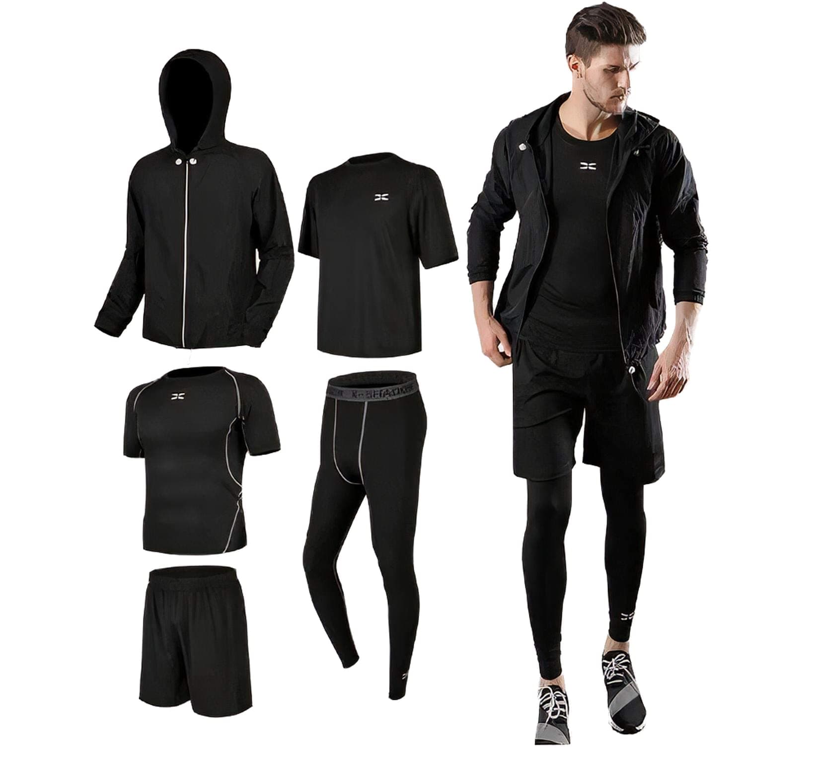 Brownline5 pieces durable Men's Sports with thermo-activity breathable Set Man Fitness Suit Gym comfort Running Yoga Athletic Jogging Workout Set