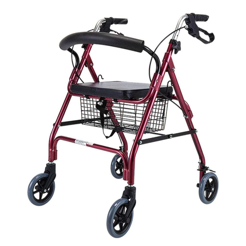 Lightweight Aluminum Alloy Elderly Walker Foldable Walker Shopping cart Old Hand Push to Help Grocery Shopping cart, Wine red