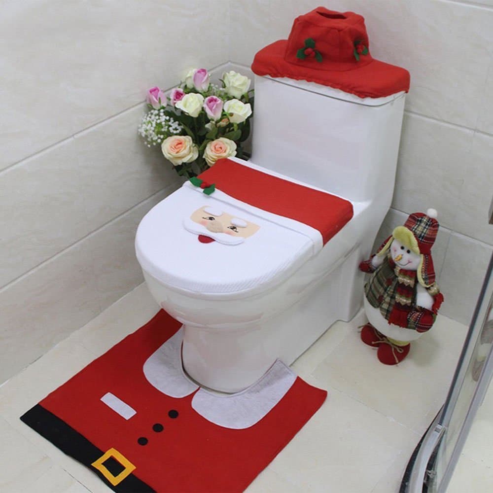 3D Nose Santa Toilet Seat Cover and Rug Set Red Christmas Decorations Bathroom Set of 3