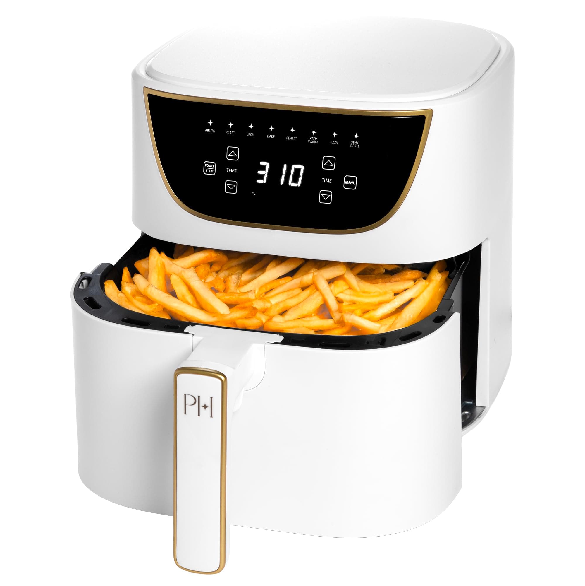 Air Fryer, Large 6-Quart Capacity, Nonstick Made without PFAS, Touchscreen Display, 8-in-1 (Air Fry, Roast, Broil, Bake, Reheat, Keep Warm, Pizza, Dehydrate), Dishwasher Safe, White