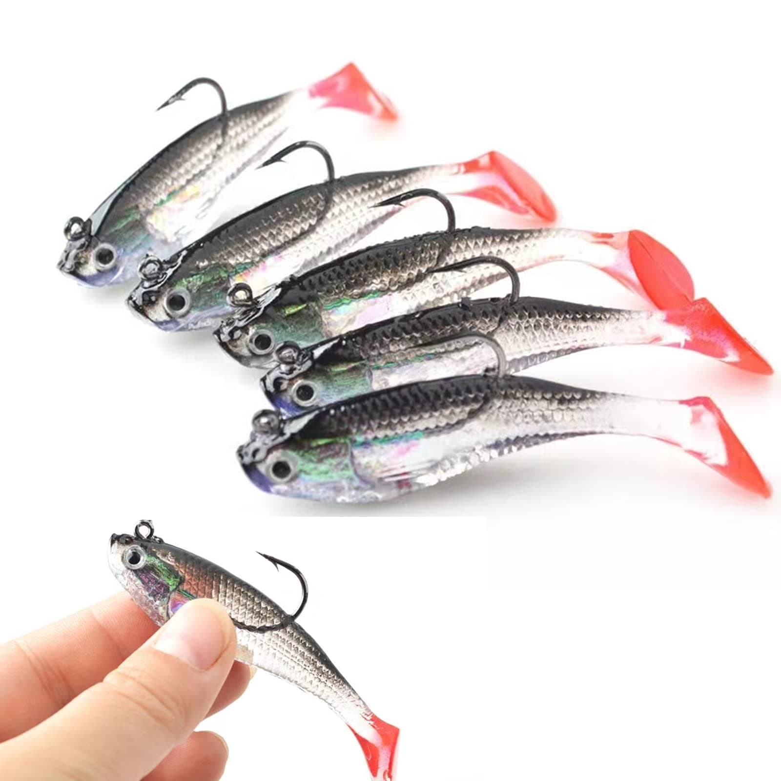 Fishing Lure Set, 5Pcs 8cm Soft Bait Head Sea Fish Lures Fishing Tackle Sharp Treble Hook T Tail Artificial Bait