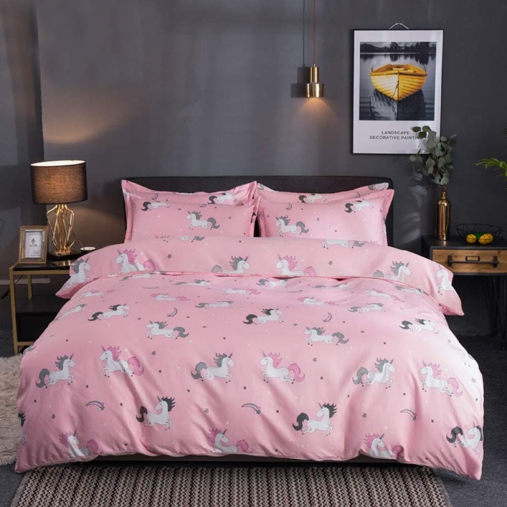 Unicorn Pink Bedding Girl Duvet Cover Set Cartoon Unicorn Comforter Cover Cute Duvet Covers for Teen Kids and Girls 3 Pieces, Pink Queen