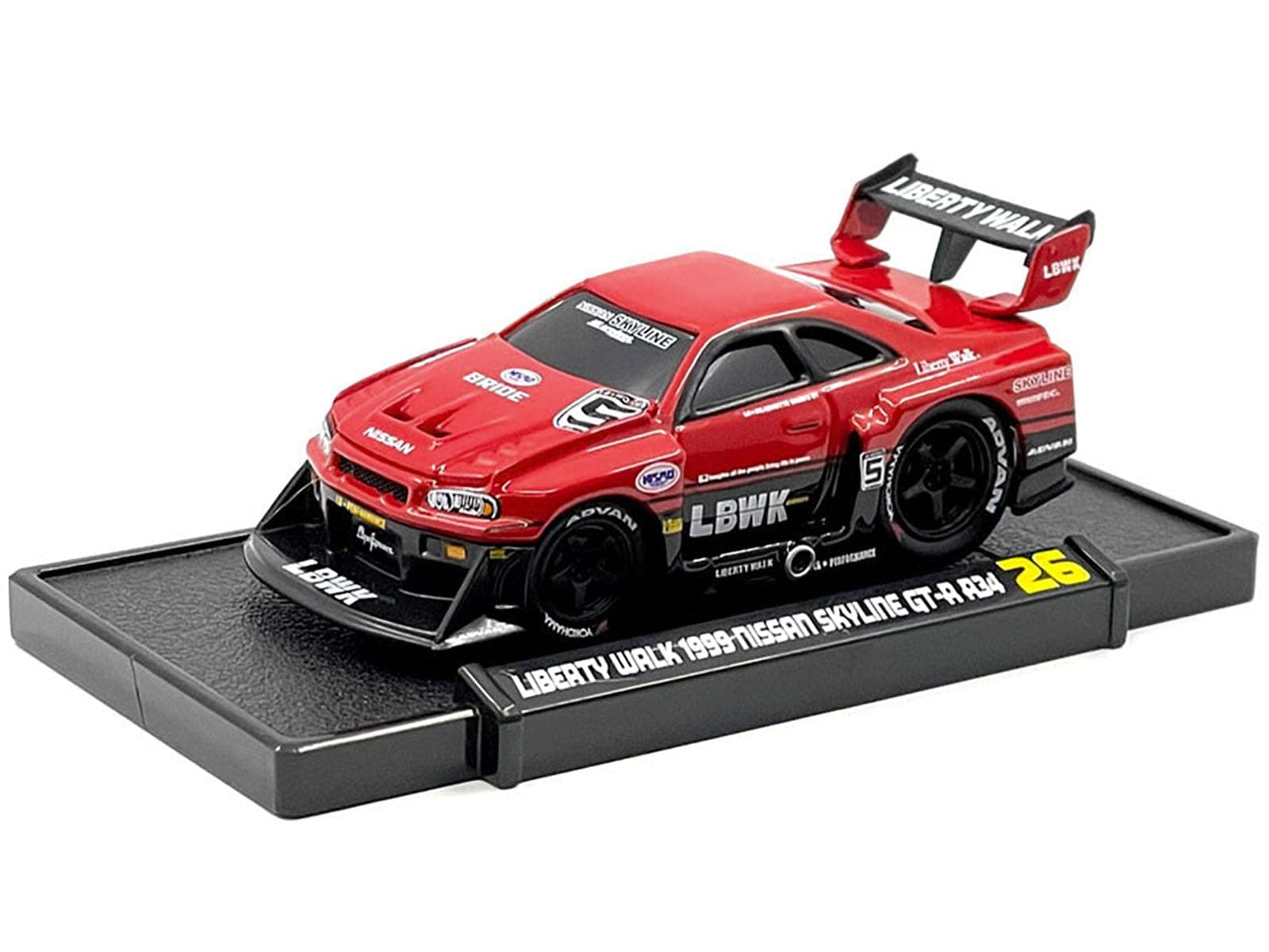 1999 Skyline GT-R (R34) #5 "Liberty Walk Red and Black 1/64 Diecast Model Car by Muscle Machines 15566RD