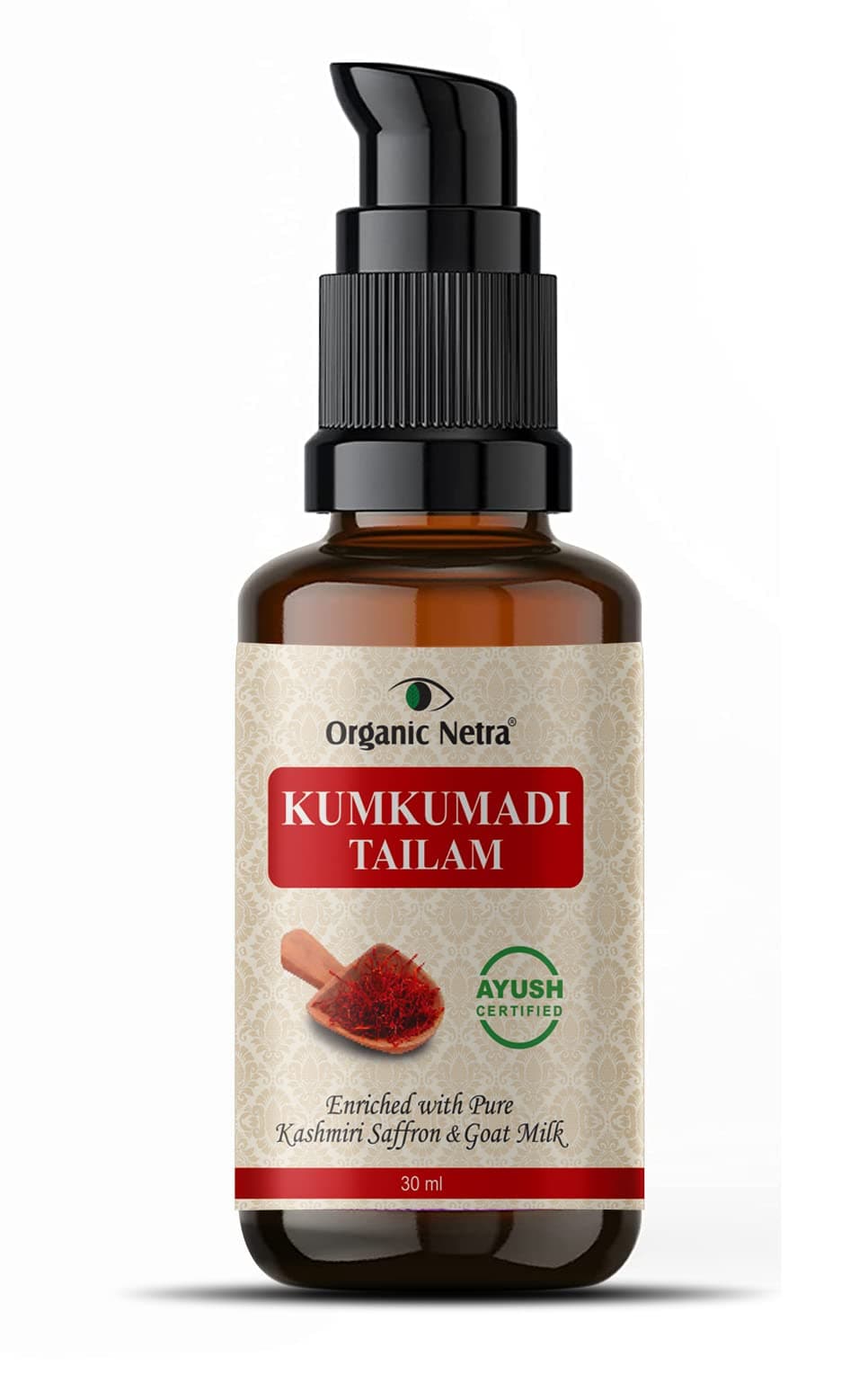 Organic Netra Ayurvedic Kumkumadi Tailam, Face Oil for Glowing Skin | Enriched with Pure Kashmiri Saffron & Goat Milk | Reduces Pigmentation and Fades Dark Spot | Enriched with Vitamin E - 1.01 Oz