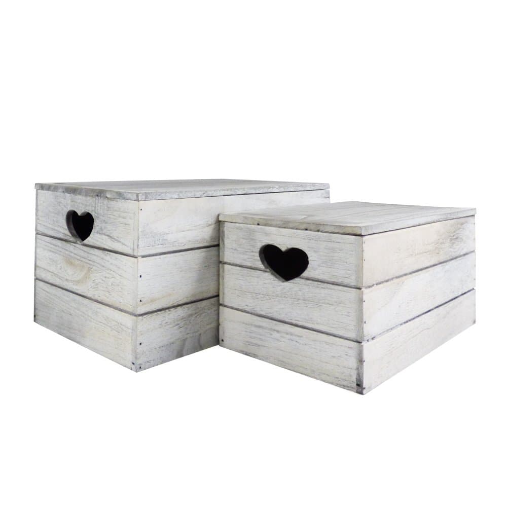 Pair of Heart Design Wooden Crate Storage Boxes in a Shabby Chic Finish - Ideas for Mum, Mothers Day, Christmas, Toy Box, Art & Crafts