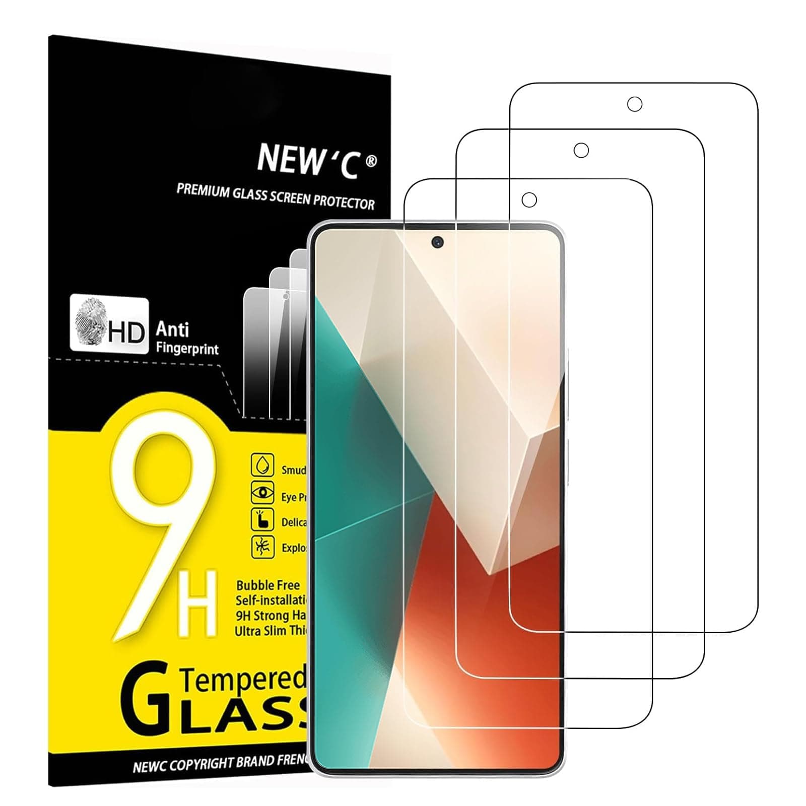 NEW'C 3 Pack Designed for Xiaomi Redmi Note 13 5G/4G Screen Protector Tempered Glass,Case Friendly Scratch-proof, Bubble Free, Ultra Resistant