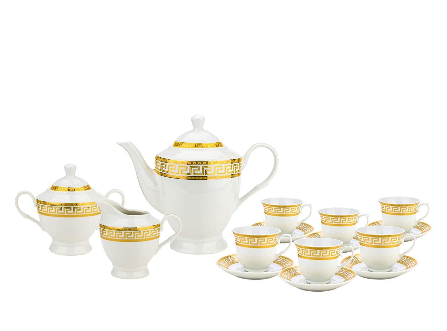 1347B-17, Porcelain Greek Gold 17 Pieces Tea Set, Serving Set, Tea Party Set