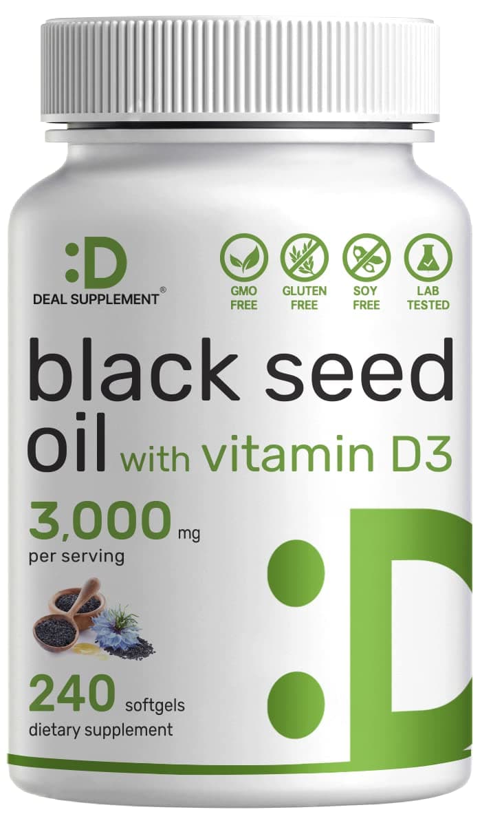 DEAL SUPPLEMENT Black Seed Oil, 240 Softgels – Cold-Pressed Nigella Sativa, Naturally Occurring Thymoquinone (TQ) – Non-GMO, No Gluten – Black Cumin Seed Liquid Capsules with Vitamin D3