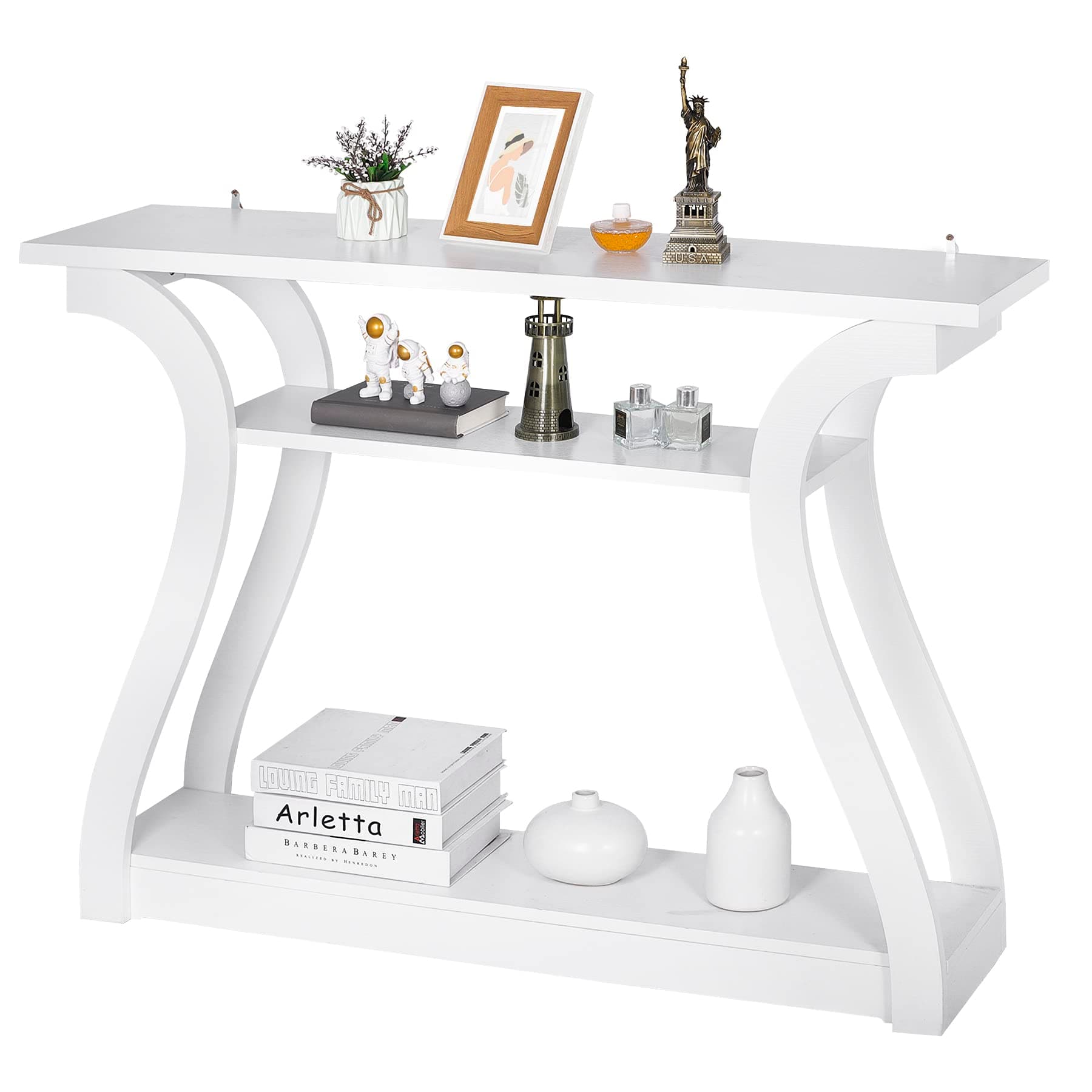 ZenStyleWood Console Table with Curved Legs and Shelf, 3 Tier Modern Accent Sofa Table for Entrywaty, Living Room, Hallway, 47 in Wide, Easy Assembly (White)